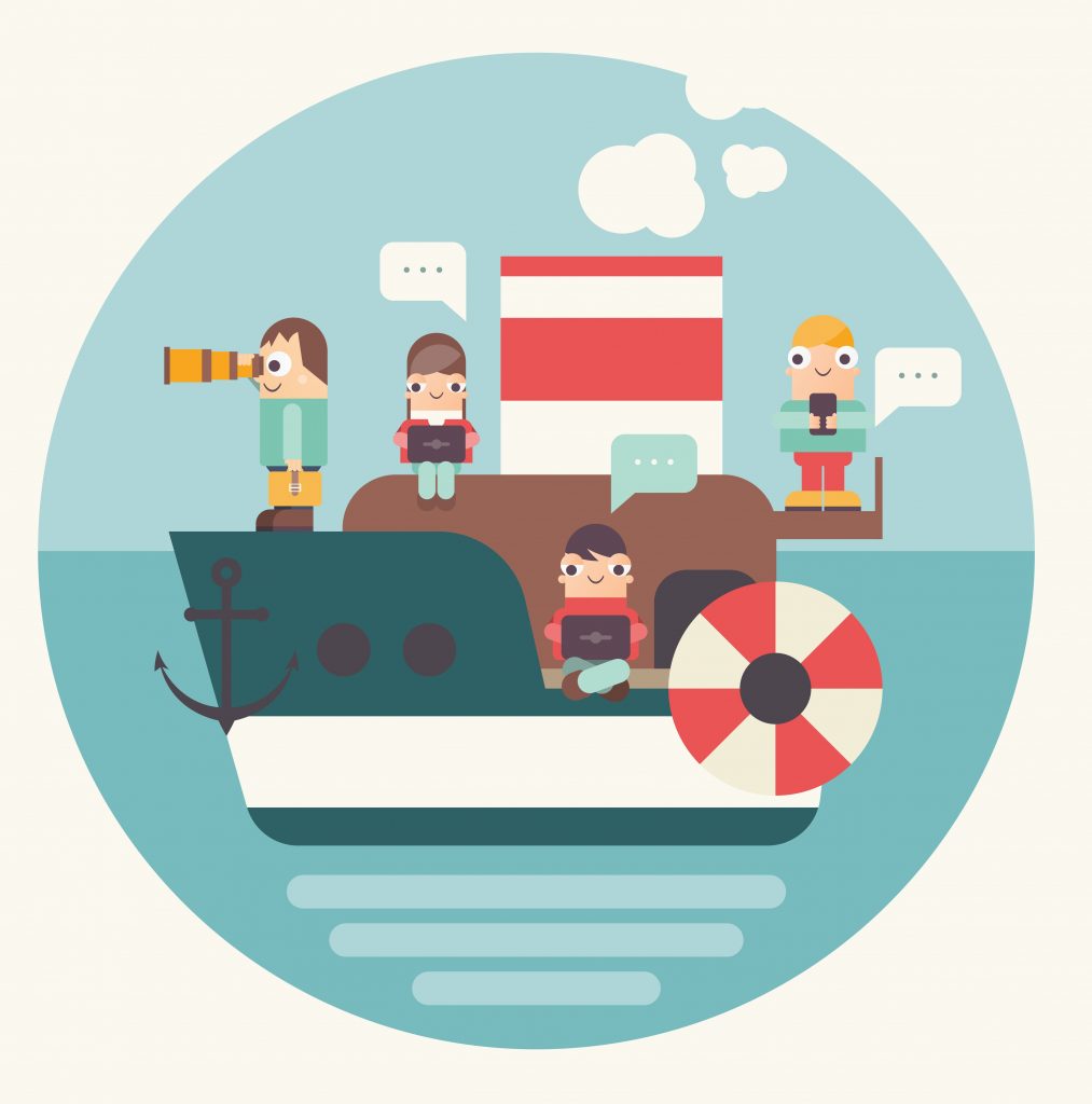 Concept of Teamwork and Business Startup. Cartoon Small People Sailing by Ship. Cohesive Teamwork in Startup. Vector Illustration for Web Page, Banner, Social Media. Retro Design.