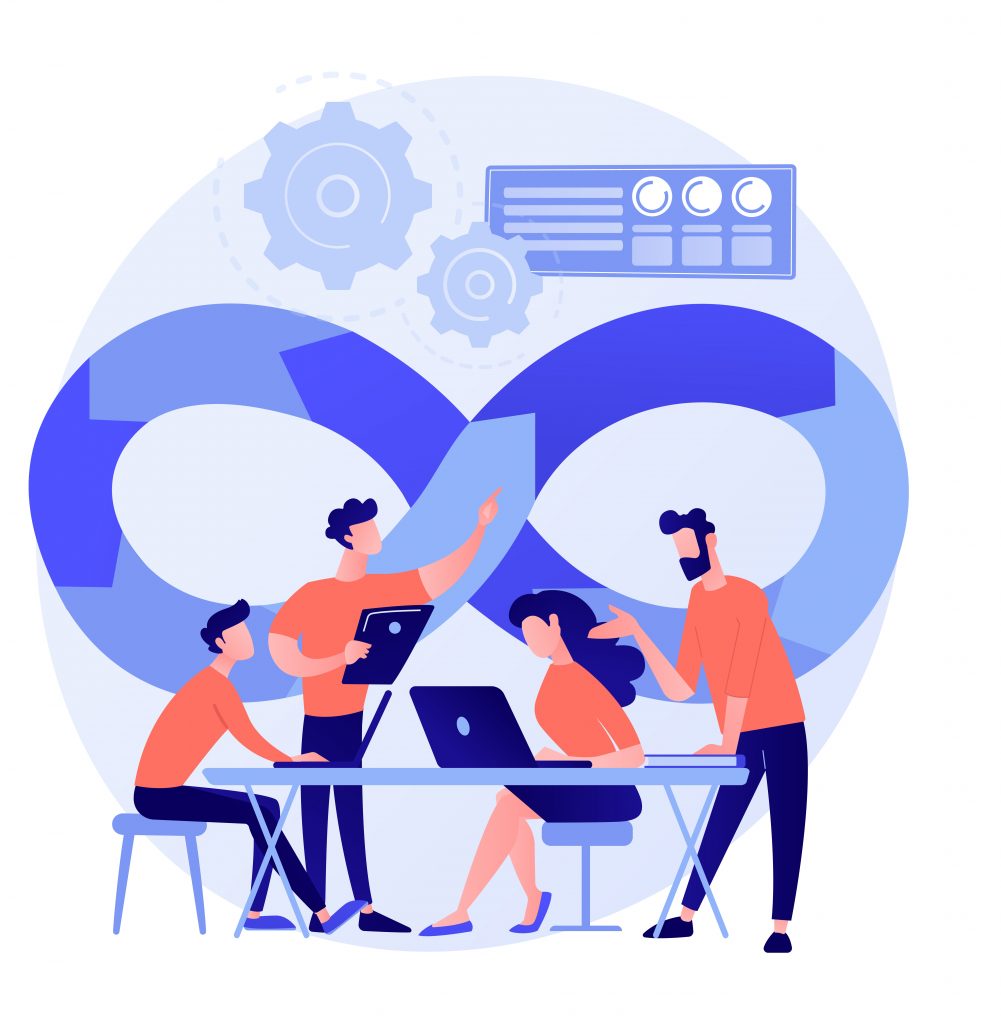 DevOps team abstract concept vector illustration. Software development team member, agile workflow, DevOps team model, IT teamwork, project management, integrated practice abstract metaphor.