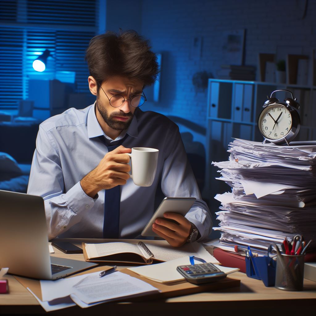 profesor universitario con pila de papeles y trabajo extra